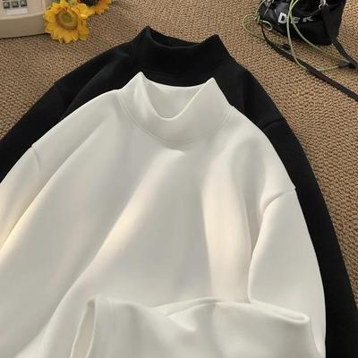 德绒纯色秋冬季加绒加厚长袖半高领打底衫内搭男士男款白色女T恤