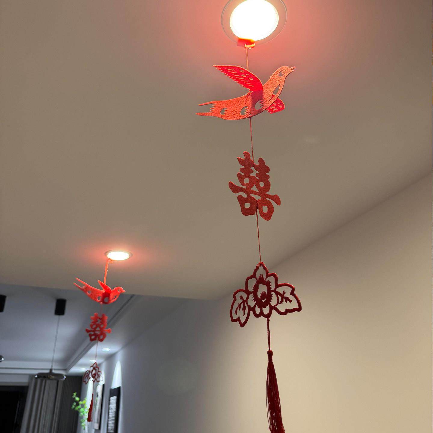 婚房悬吊式天花板装饰布置喜字拉花结婚卧室天花板结婚挂饰男女方