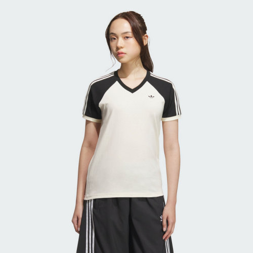 阿迪达斯三叶草短袖女2025新款运动拼接经典三条纹V领T恤KF0316