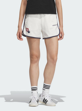 adidas阿迪达斯三叶草夏女针织经典复古棉撞色运动短裤白色JX6574