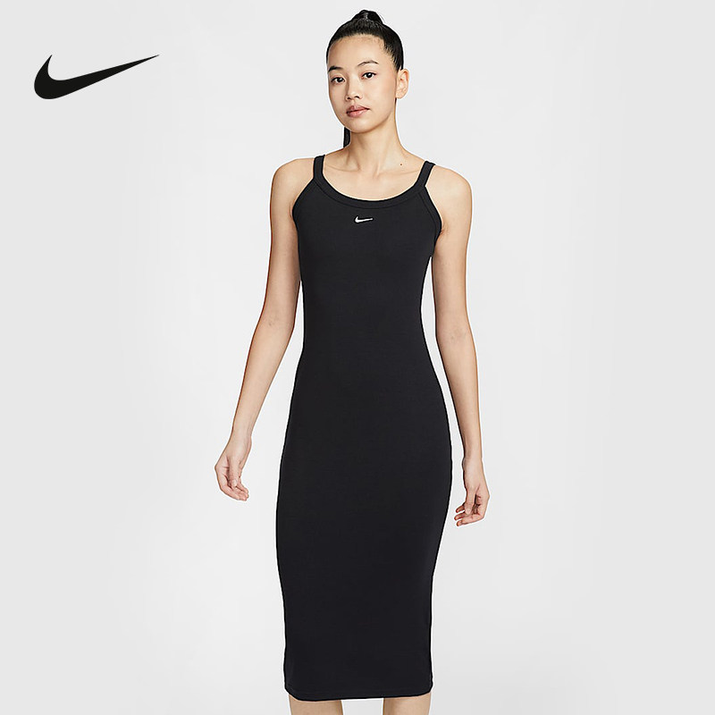 Nike耐克秋季新款女紧身细罗纹针织刺绣背心休闲连衣裙HJ0711-010