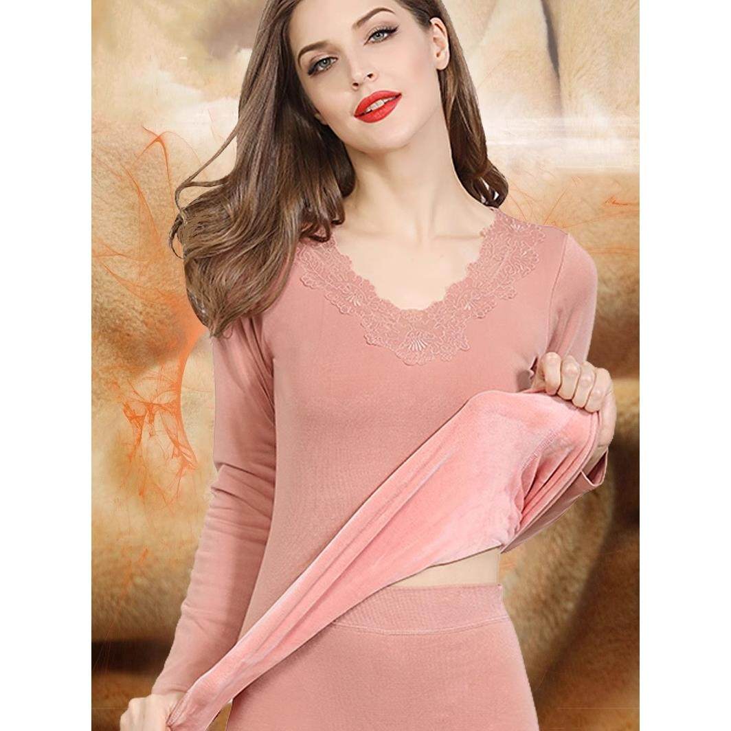 冬季保暖内衣女加绒加厚美体紧身显瘦V领无痕秋衣秋裤棉毛衫套装