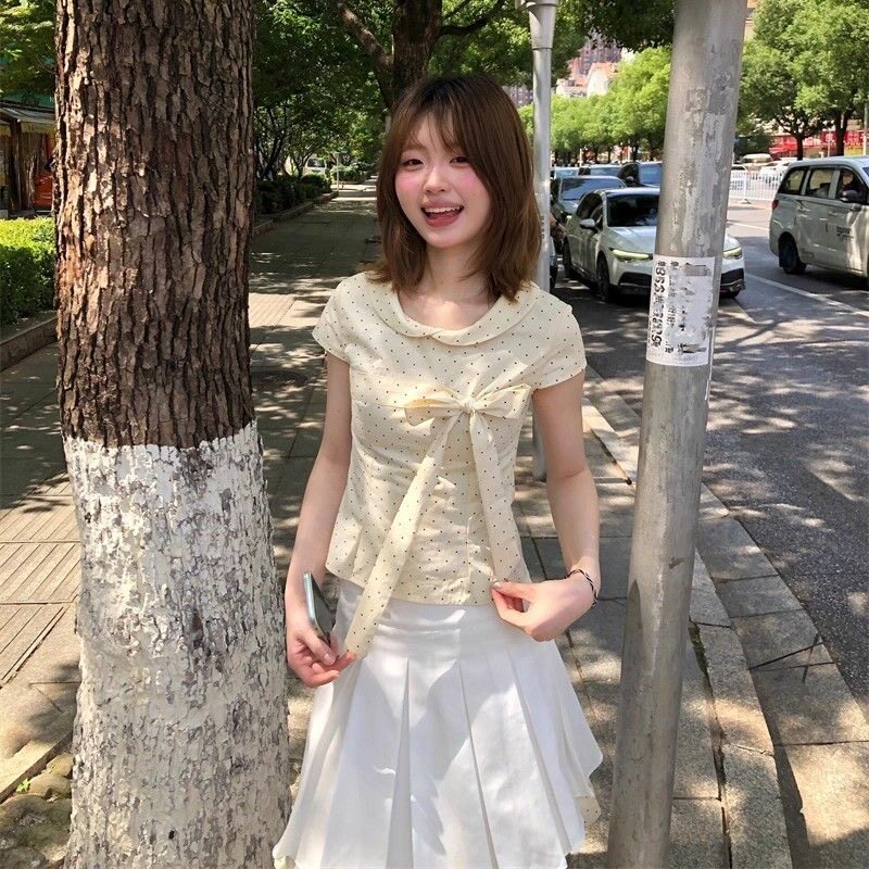 甜妹小众学院2026设计蝴蝶结独特波点上衣衬衫短袖夏季新款娃娃领