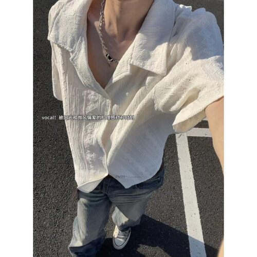 夏季美式老钱风镂空短袖男款衬衫