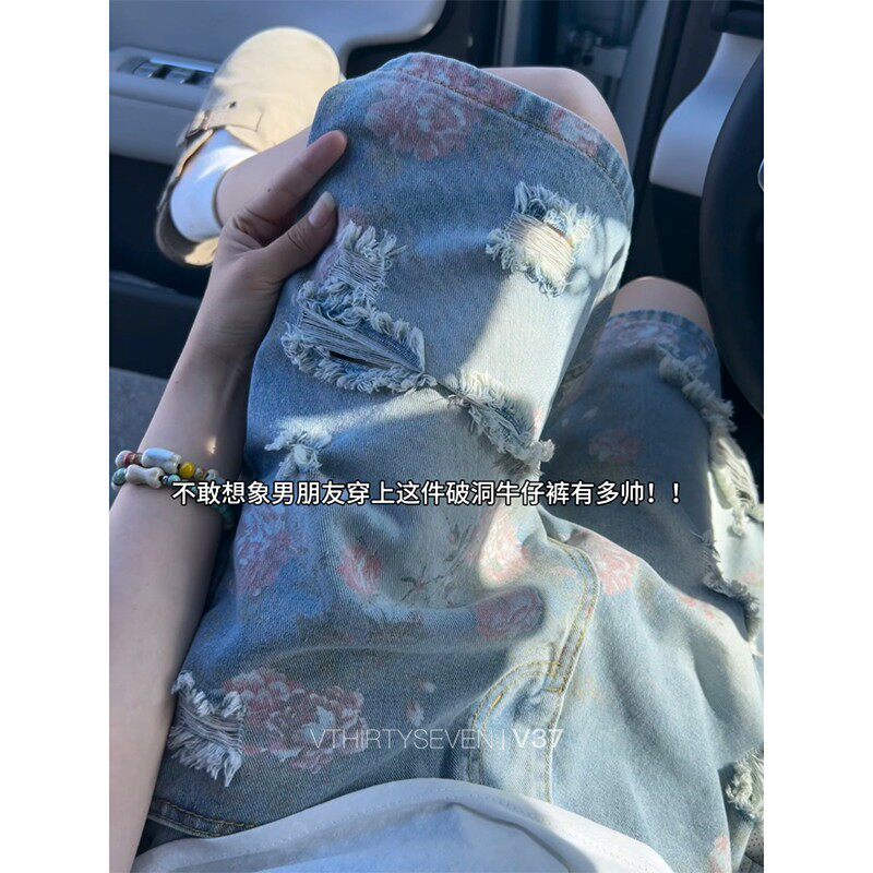 潮牌印花复古宽松破洞牛仔短裤男夏季花卉百搭美式休闲阔腿五分裤