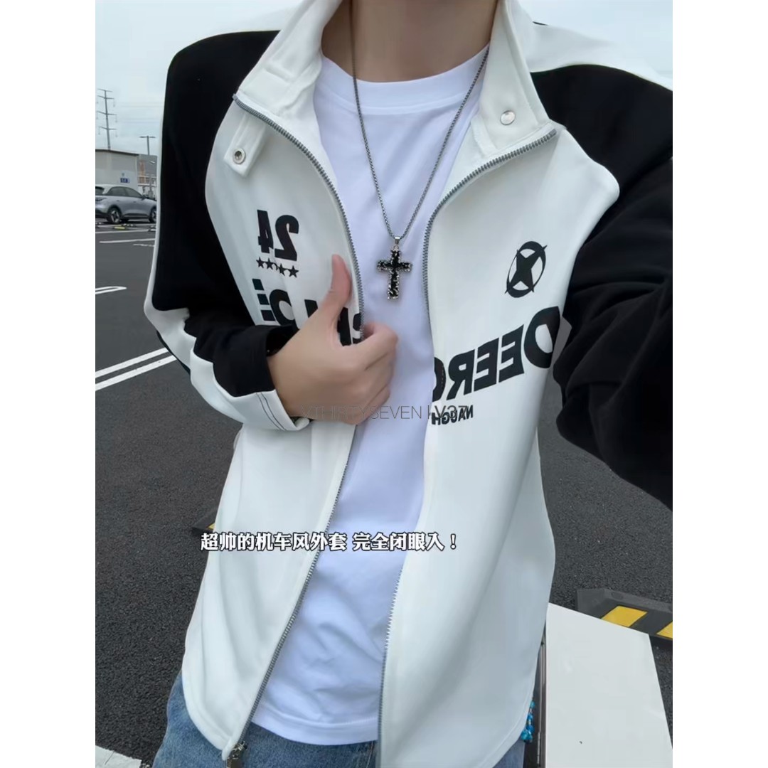 撞色球衣风开衫长袖男女款图片
