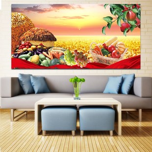 五谷丰登餐厅装饰框挂画金色麦田客厅自粘贴画麦子水果壁画丰收图