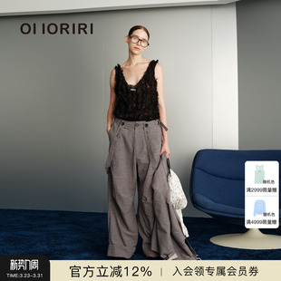 格纹阔腿裤 纯棉复古格子休闲背带裤 OIIORIRI 女2026春夏 新品