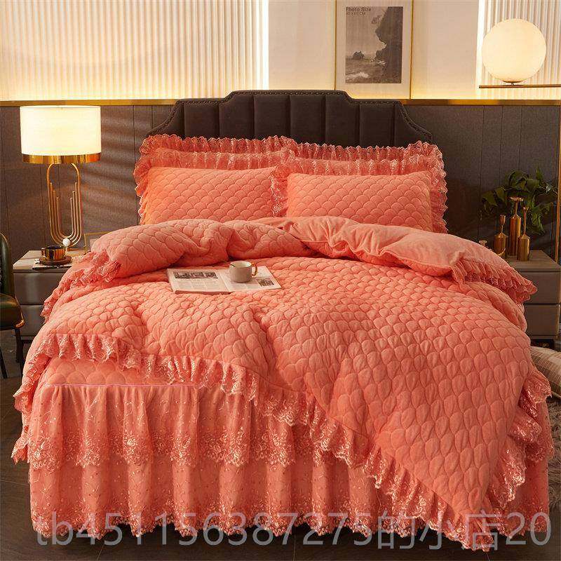 高档保床暖水晶绒夹棉床裙床上四件套加刺厚法兰绒床罩珊瑚绒绣被