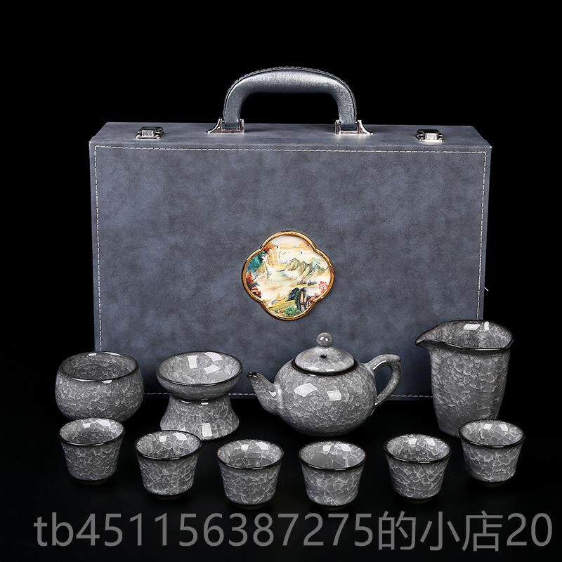正品黑冰功茶具夫套办装可悬停盖碗客厅家用冰裂公室陶瓷杯轻茶奢