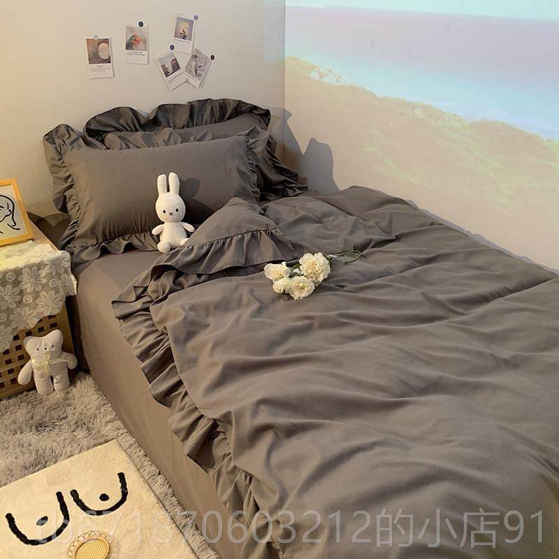 正品式床上用品纯色少女心紫色荷叶边四件床裙公风1主.8双人韩被