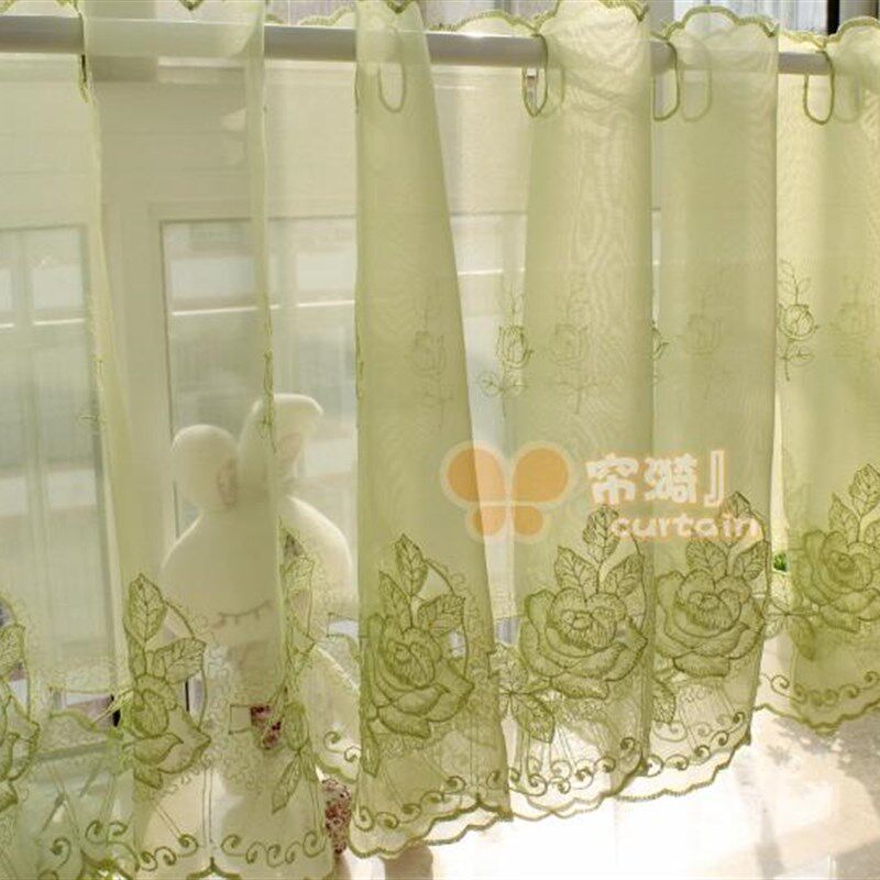 绿色玫瑰镂空咖啡帘半帘成品厨房小短帘穿杆隔断帘橱柜帘门帘窗纱