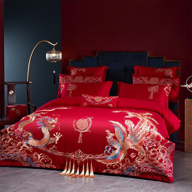 高端100支长绒棉龙凤刺绣婚庆四件套大红色被套纯棉结婚床上用品4