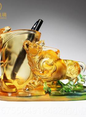 正品琉璃笔筒牛公摆件办室桌面装饰创意实用高档气大男老士板生日