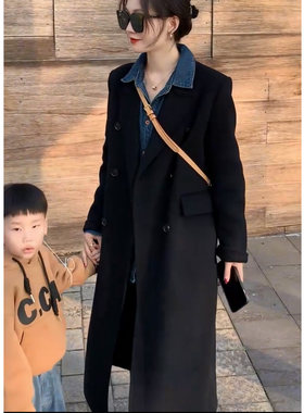 黑色西装毛呢外套女中长款正肩韩版后开叉宽松休闲小个子呢子大衣