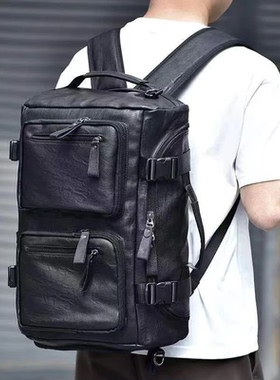 【MDS】男士多功能旅行包大容量双肩包牛皮户外防泼水斜跨真皮包