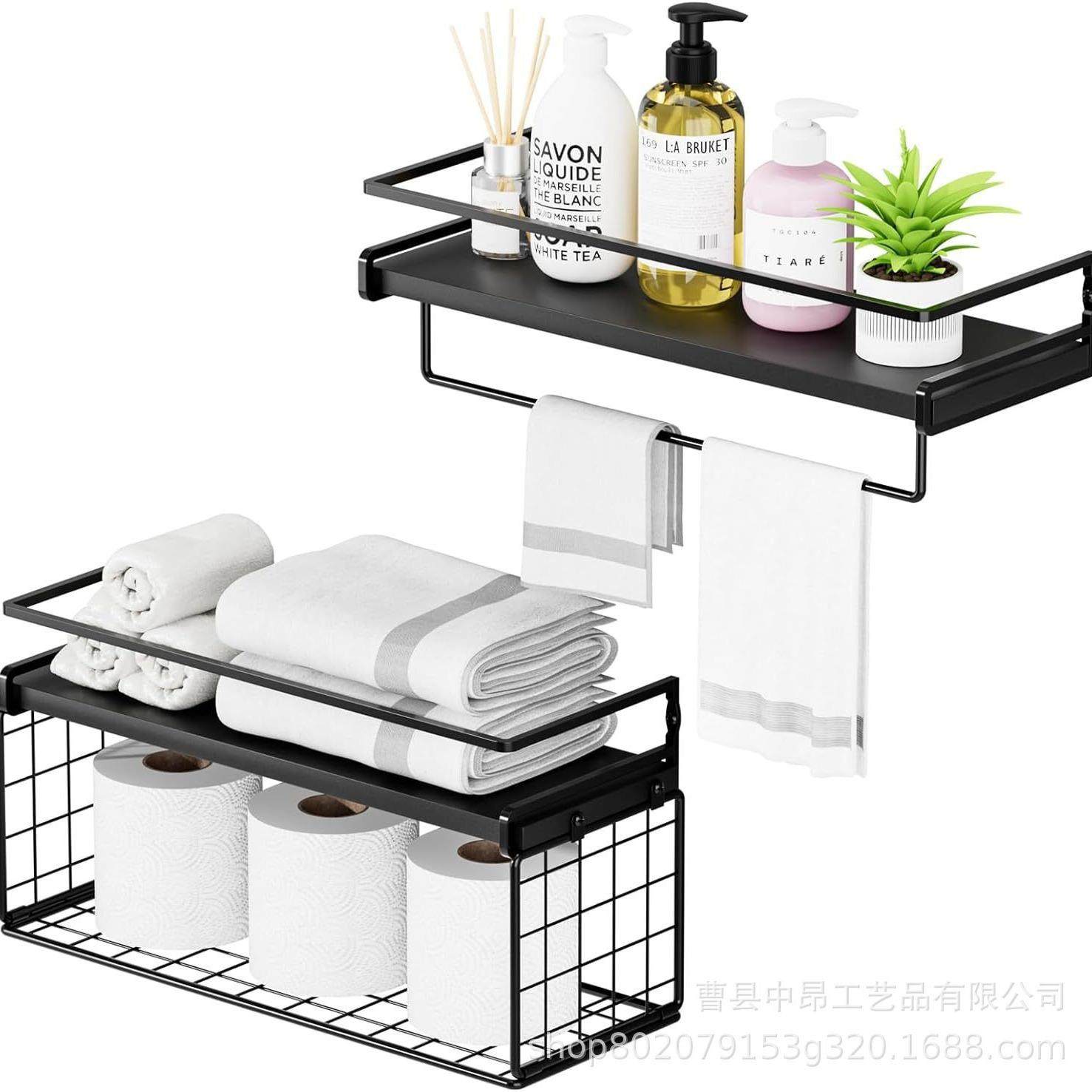 现货浮动搁架壁挂式浴室毛巾架 客厅墙上置物架 铁木结合木质悬挂