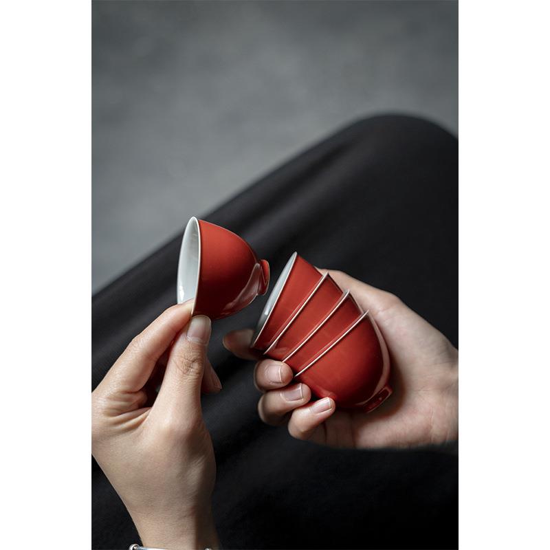 粗陶手工珊瑚红双线茶杯功夫茶具品茗杯主人杯单杯陶瓷仿古盖碗