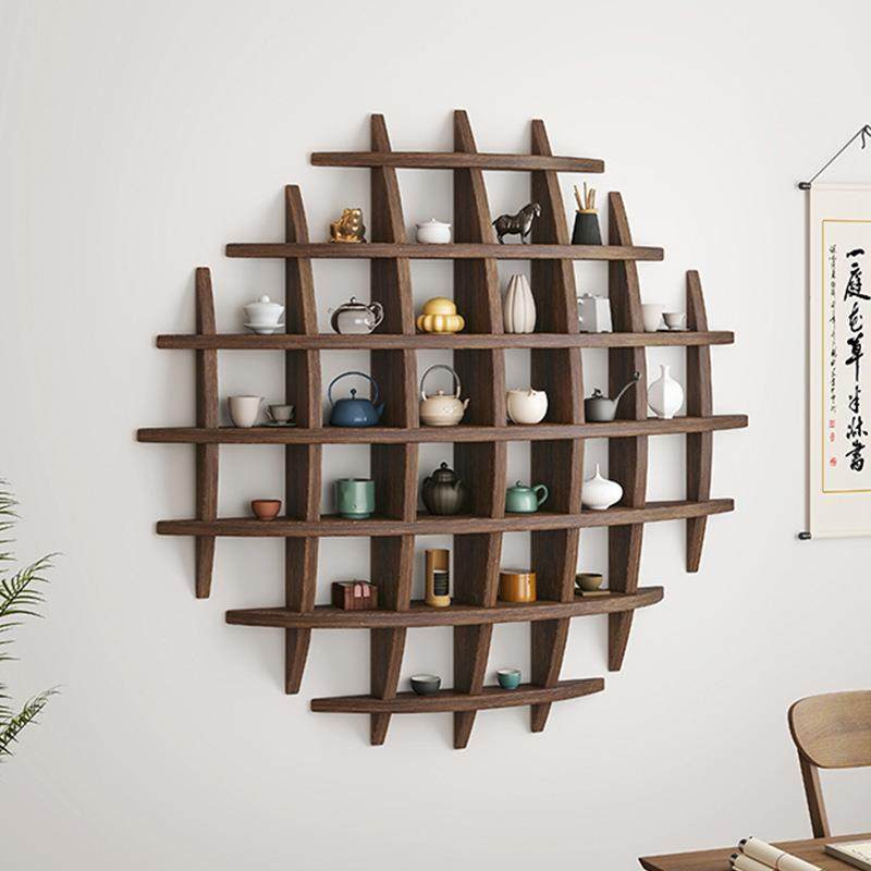壁挂式博古架实木中式挂墙茶杯架墙上多宝阁格子架置物架背景展示