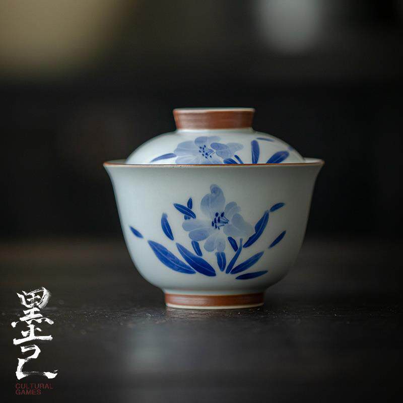 墨己 釉下手绘青花陶瓷泡茶碗 百合花仿古功夫茶具盖碗 家用盖碗