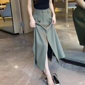 高腰时尚 绿色开叉半身裙女2025夏季 流行新款 设计感小众百搭A字裙