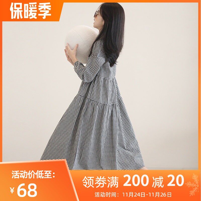 韩国女童文艺复古黑白小格子连衣裙2021秋季儿童长袖宽松中长裙子