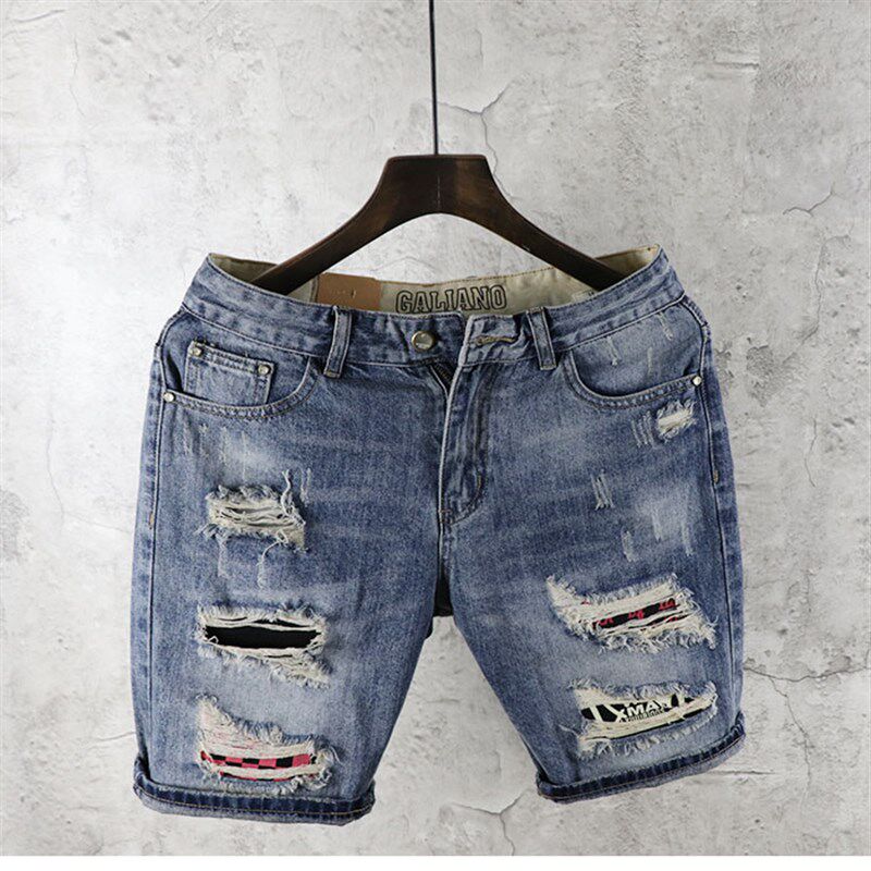 新品破洞潮流男士夏季牛仔五分中裤个性流行韩版短裤修身小直筒男