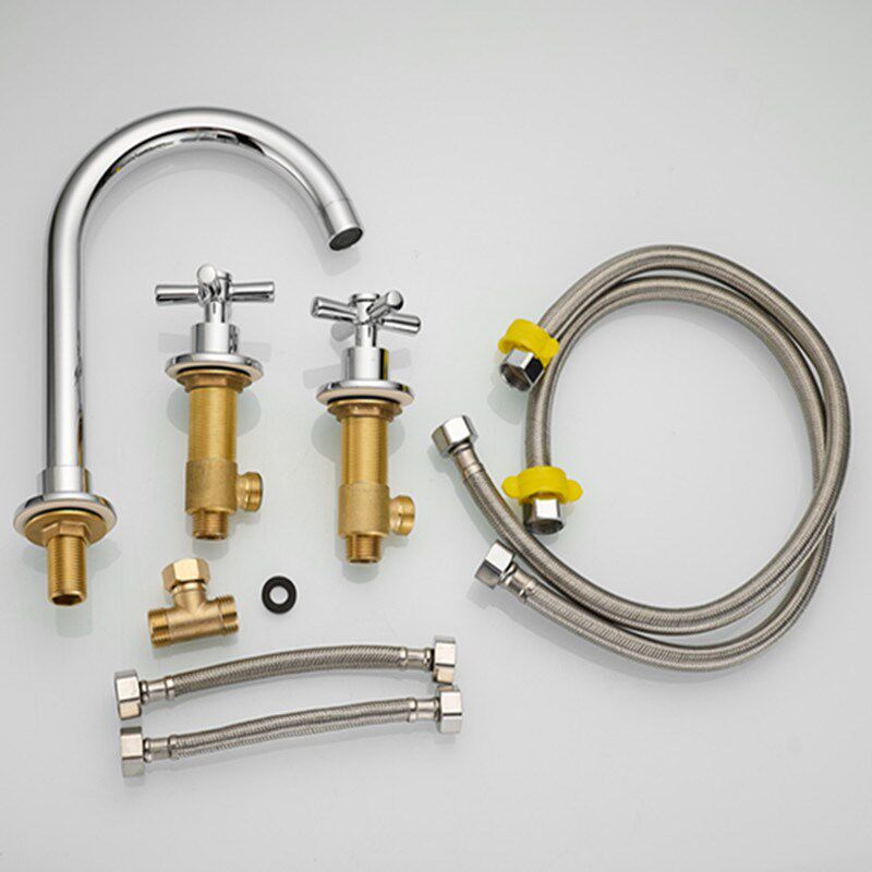 洗脸盆水龙头立式十字手轮双把三孔开关全铜分体式浴室柜冷热龙头