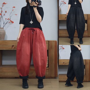 复古做旧炒色哈伦萝卜长裤女冬季加薄绒宽松大码休闲灯笼南瓜裤子