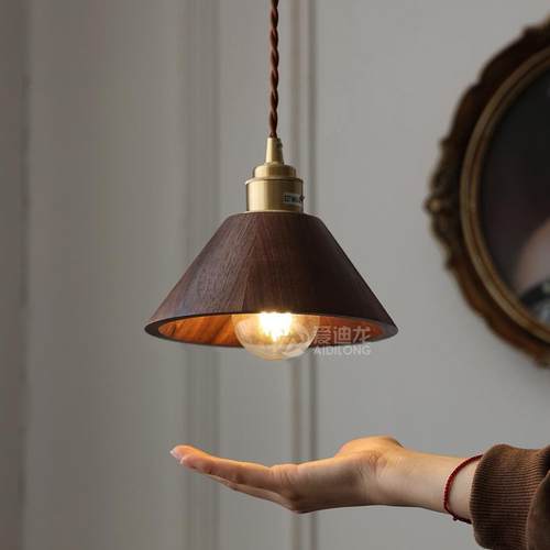北欧黑胡桃木黄铜原木床头餐厅吧台简约吊灯侘寂日系中式禅意灯具