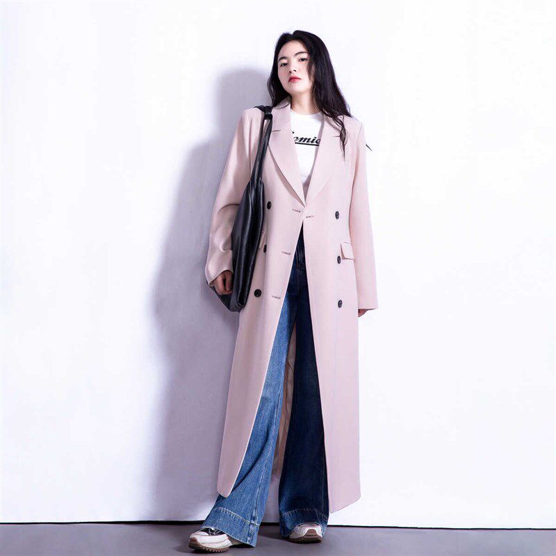 超长款西装外套女2024春韩版白色宽松气质高个子过膝及踝粉色风衣