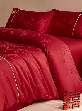 端提花高EX240915结婚套四件大红色婚庆床上用品被新婚床单床套笠