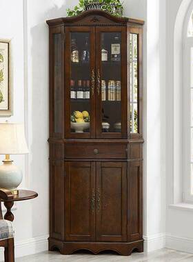 美全式拐带灯角柜墙角柜客厅实木置物柜酒柜复古角柜玻璃三转DLA