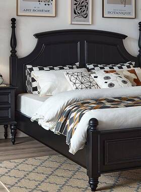 美主式实XSL床黑色法式复古乡村约轻奢卧简室小户型家具木双人床