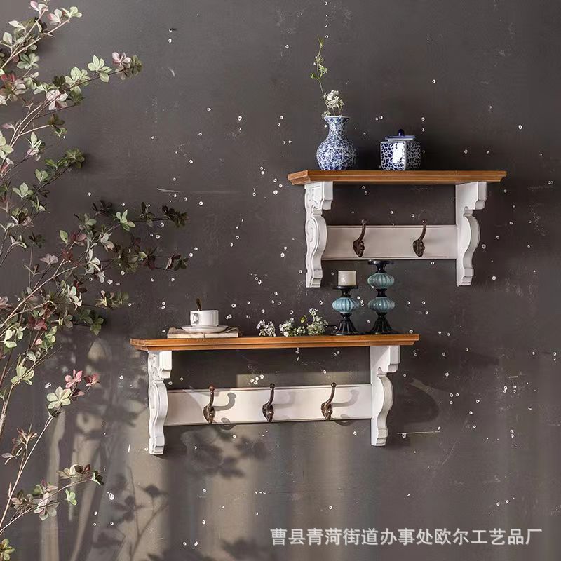 美式复古实木墙上挂钩置物架