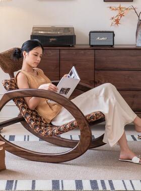 复古风CZE轻奢闲实木单人休摇椅古中风客厅阳台布艺懒人靠摇背沙