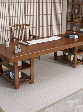 实大板书桌写字桌新中式家用客木厅书桌公卧室电EQC脑桌法办室会