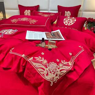 高南端江刺绣长绒棉婚庆四件套结婚用陪大红嫁婚房多件棉套ARC全