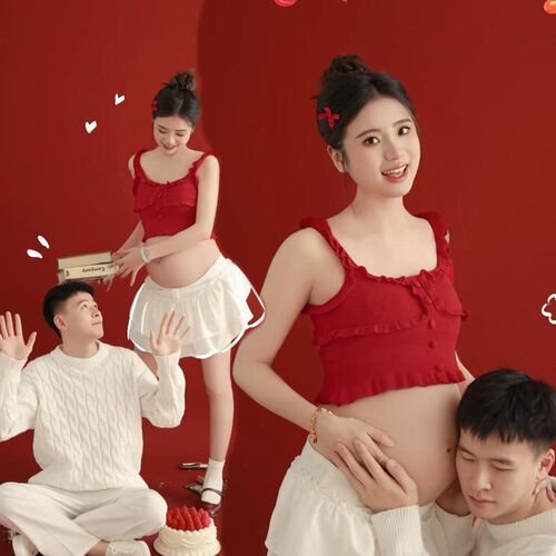 孕妇摄影服装影楼新年情侣主题红色甜美风孕妈咪大肚照衣服在家拍