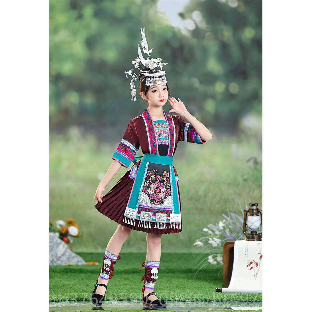 新款族苗服装女贵州少数民族服饰儿童寨旅拍摄侗影短舞台演出套裙,童装/婴儿装/亲子装,儿童演出服,淘宝优惠券,粉丝福利购,淘宝优惠卷