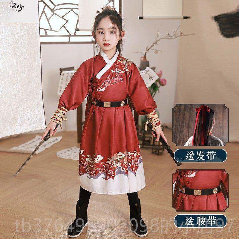新款女童红色服花木兰服儿汉童仙女侠中国风cos侠古装装演出剑客图片