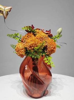 现代仿真花中式橙色花艺玻璃花器酒店售楼样板处新房软装PSX绿植