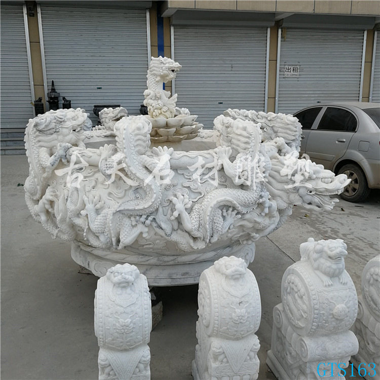 汉白玉龙头喷水大理石景观鱼缸