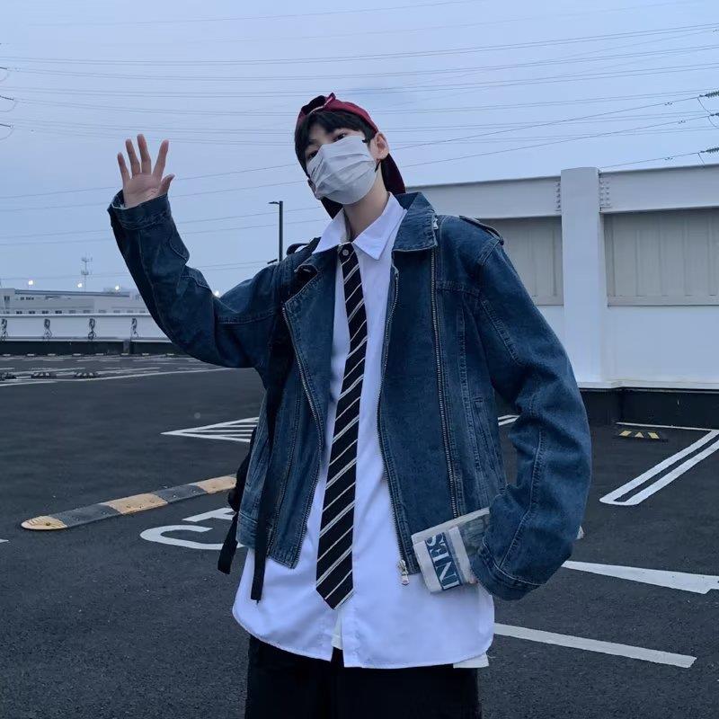 小众计设感垫短款牛仔夹克男牛水洗仔春秋宽肩松韩版休闲百潮人邦