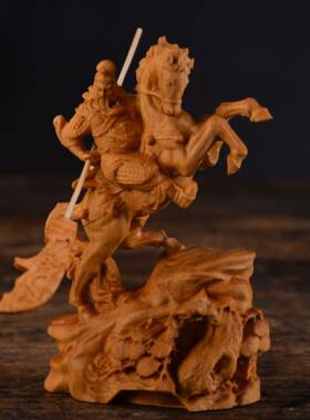 崖柏木雕TJD马上刻关公摆件武财神二爷桌面摆饰实关木雕艺工品礼