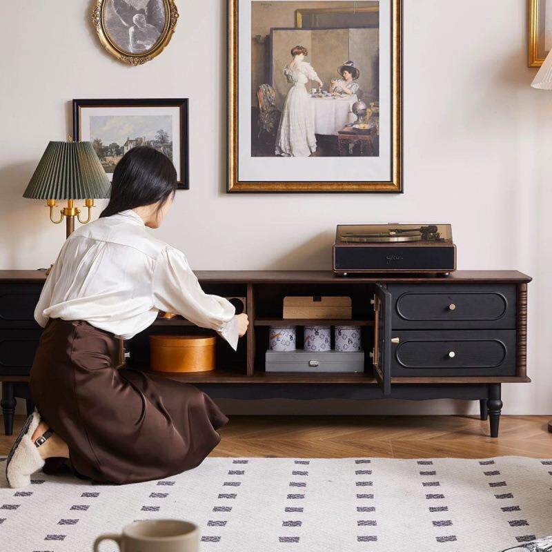 式复柜古实木茶几地电视柜黑法色美式客TXM厅落储物柜收纳网红新