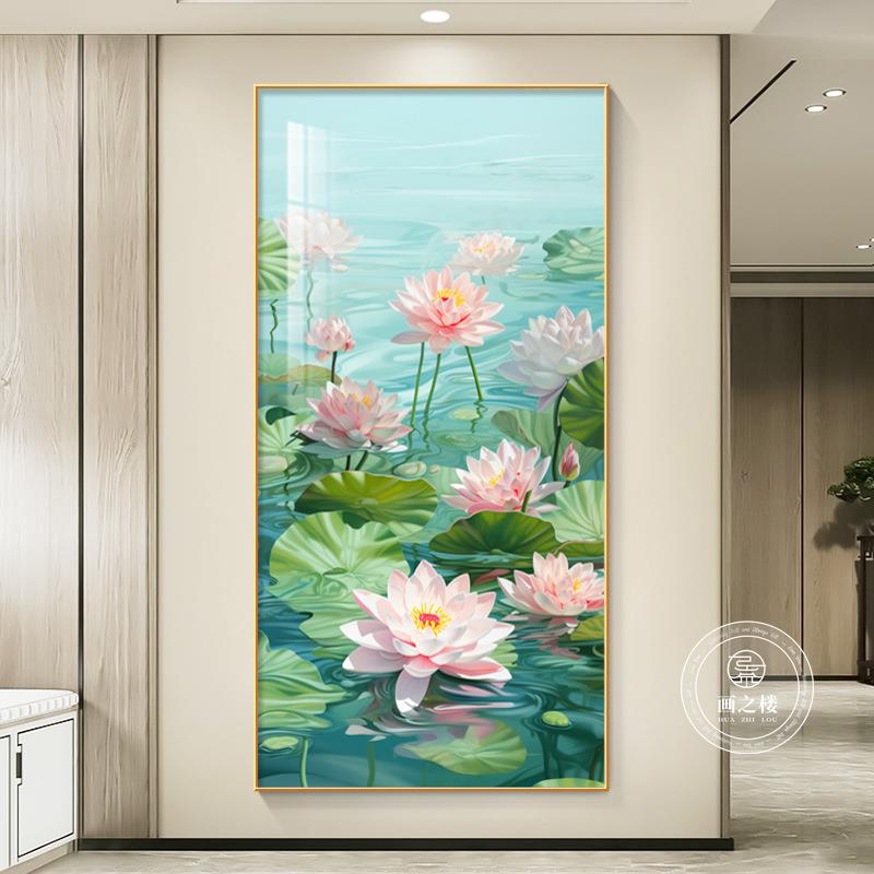 新中式荷花壁图莲玄关挂画和气DEF生财花门正对画竖版2024新款装