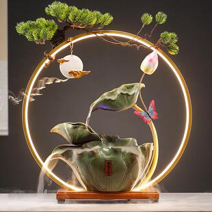 循环水流招财摆件家居客厅办公室送桌面开陶瓷荷花装饰品OHV业生