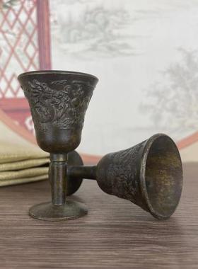 古玩杂项老物件收藏铜龙凤呈祥酒杯老铜小供杯酒盅宣字底摆件