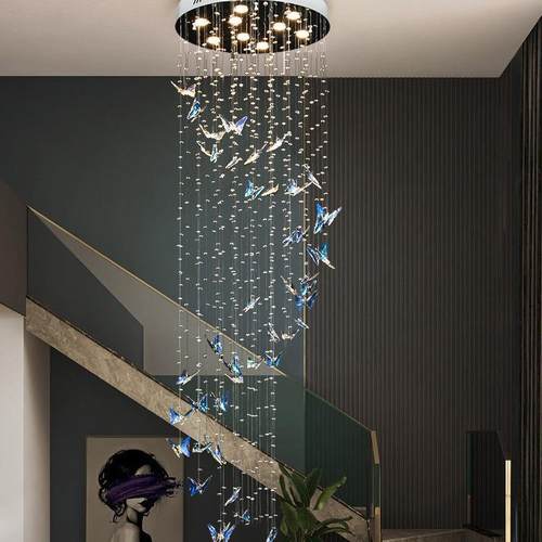 蓝复式灯简约楼梯灯现代别墅旋转井转灯蝴蝶大厅水晶楼梯彩色吊灯